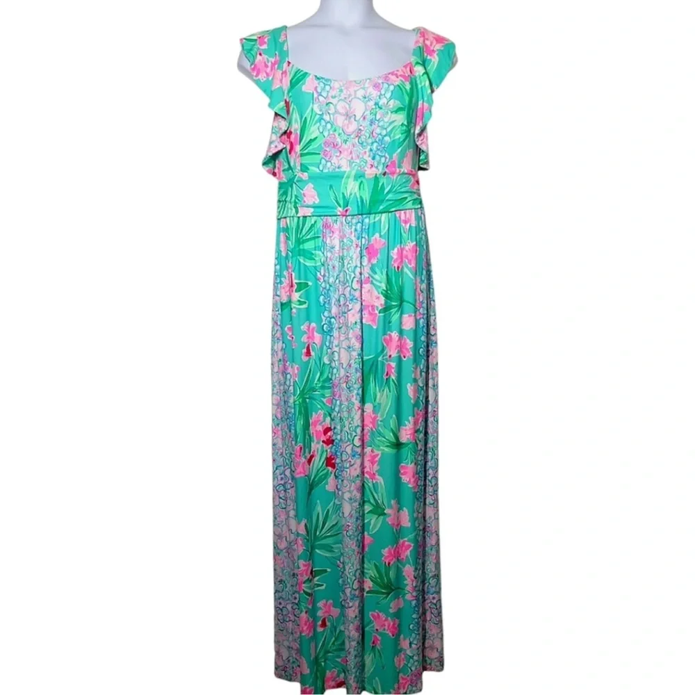 Lilly Pulitzer Mint Green Floral Maxi Dress with Pink Accents - Picture 3 of 6